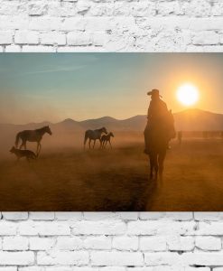Obraz konie i zachód słońca