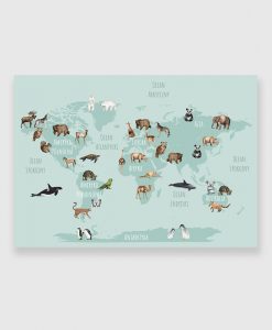 obraz z mapą i zwierzętami na ścianę