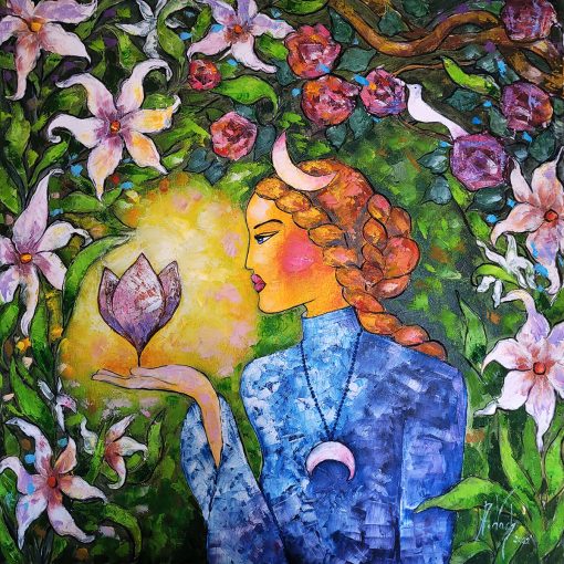Obraz dziewczyna i księżyc i kwiaty