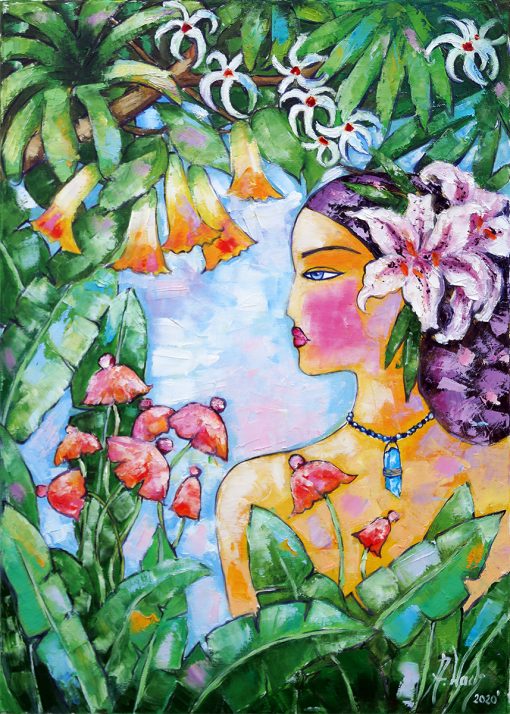 Obraz dziewczyna z motywem kwiatów