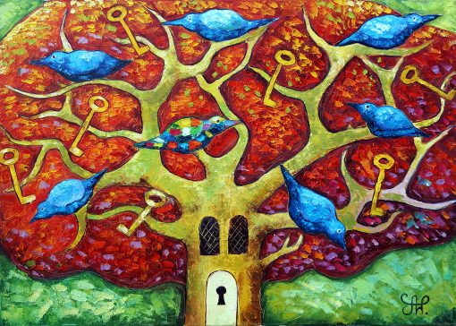 Obraz z drzewem i niebieskimi ptaszkami