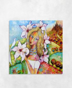 Obraz z dziewczyną i magnoliami