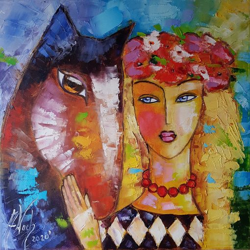 Obraz z koniem i panną