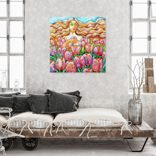 Obraz z kobietą i tulipanami do sypialni
