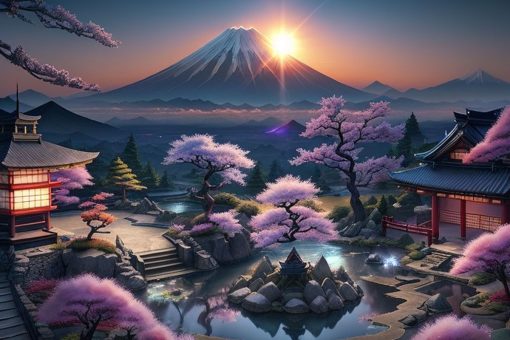 Obraz z górą Fudżi i japońskim ogrodem