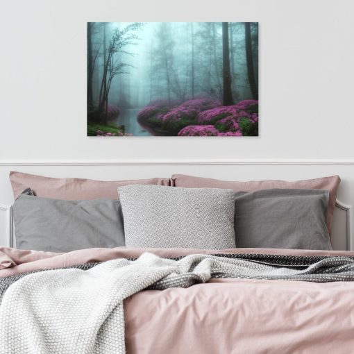 Obraz z lasem i różowymi kwitami