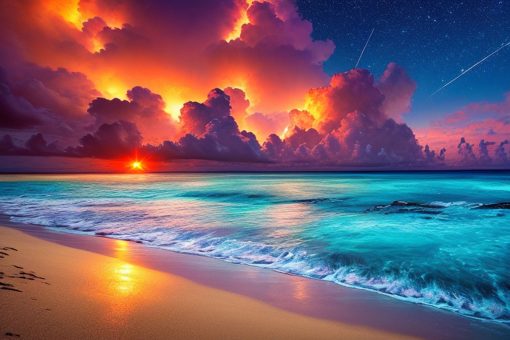 obraz z plażą nad oceanem i zachodem słońca