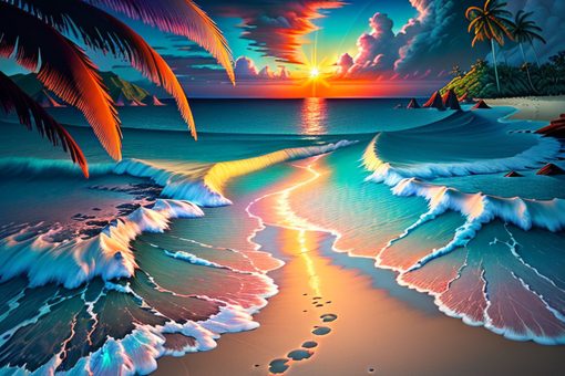 Obraz z widokiem na plażę i palmy o zachodzie słońca